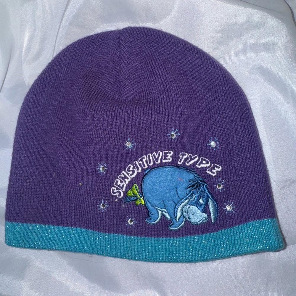 Vintage Disney Purple and Teal Beanie with Eeyore Sensitive Type Kids